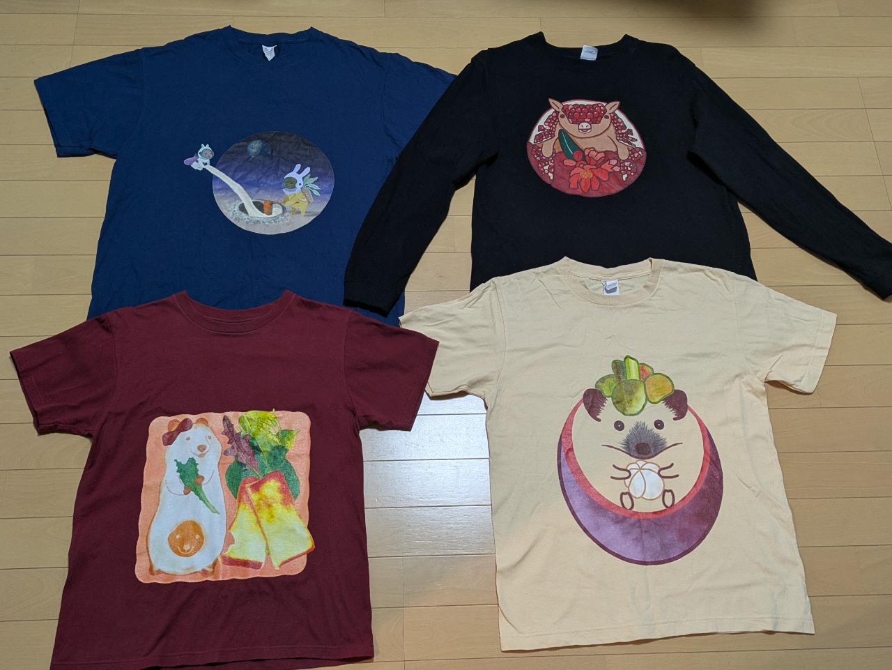 up-tサイト【https://chikahumore.designstore.jp/search.php?type=item&type=item&page=5】で販売しているTシャツ達です。